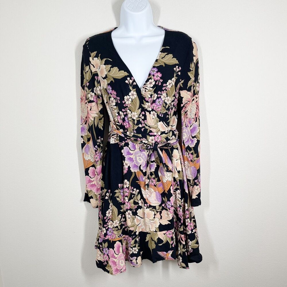 Spell Blue Skies Mini Wrap Dress Size M‎ Black Floral Long Sleeve Ruffle Tie